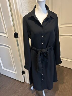 Classic Black Long-Sleeve Shirt Dress with Tie Waist